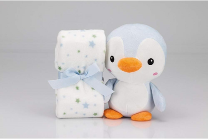 Manta + peluche Pingüino azul