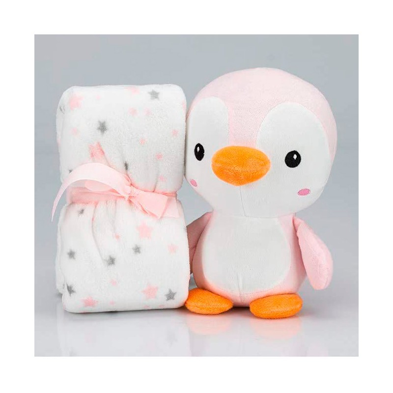 Manta + peluche Pingüino rosa