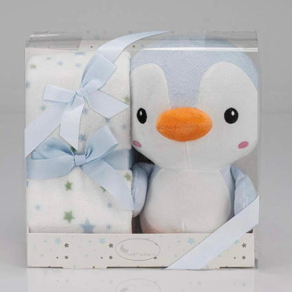 Manta + peluche Pingüino azul